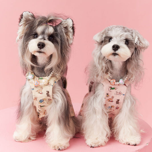 Denim Dog Harness Dress with Cute Animal Pattern