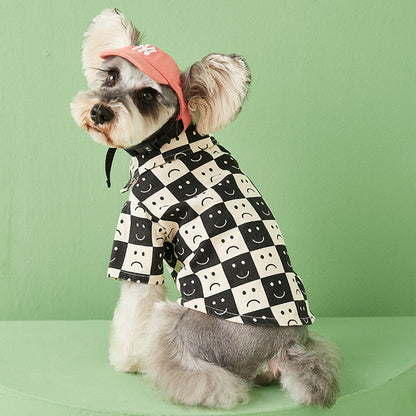 Denim Checkered Dog Polo Shirt With Smiley And Sad Face Motifs