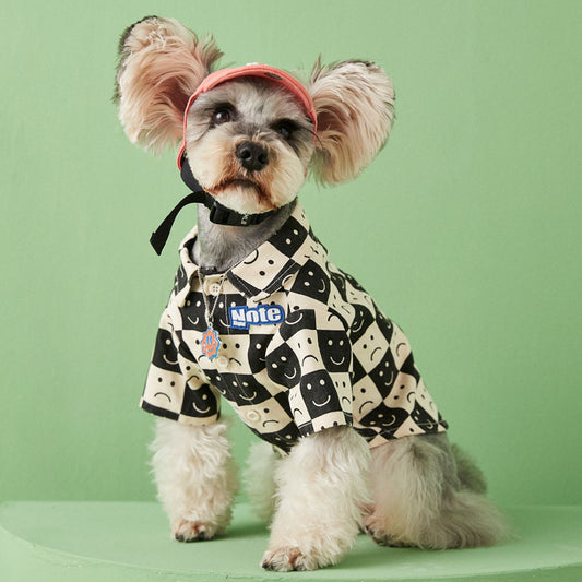 Denim Checkered Dog Polo Shirt With Smiley And Sad Face Motifs
