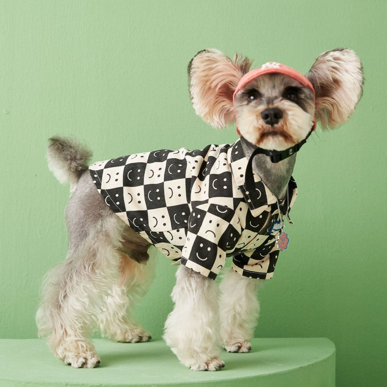 Denim Checkered Dog Polo Shirt With Smiley And Sad Face Motifs