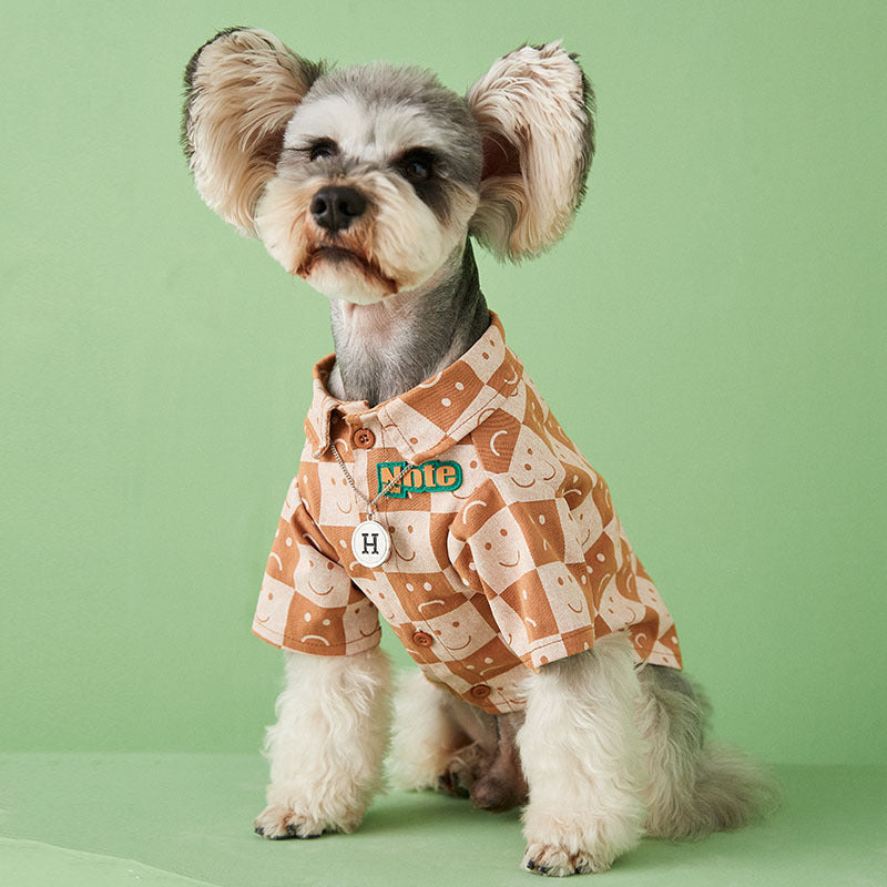 Denim Checkered Dog Polo Shirt With Smiley And Sad Face Motifs