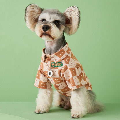 Denim Checkered Dog Polo Shirt With Smiley And Sad Face Motifs